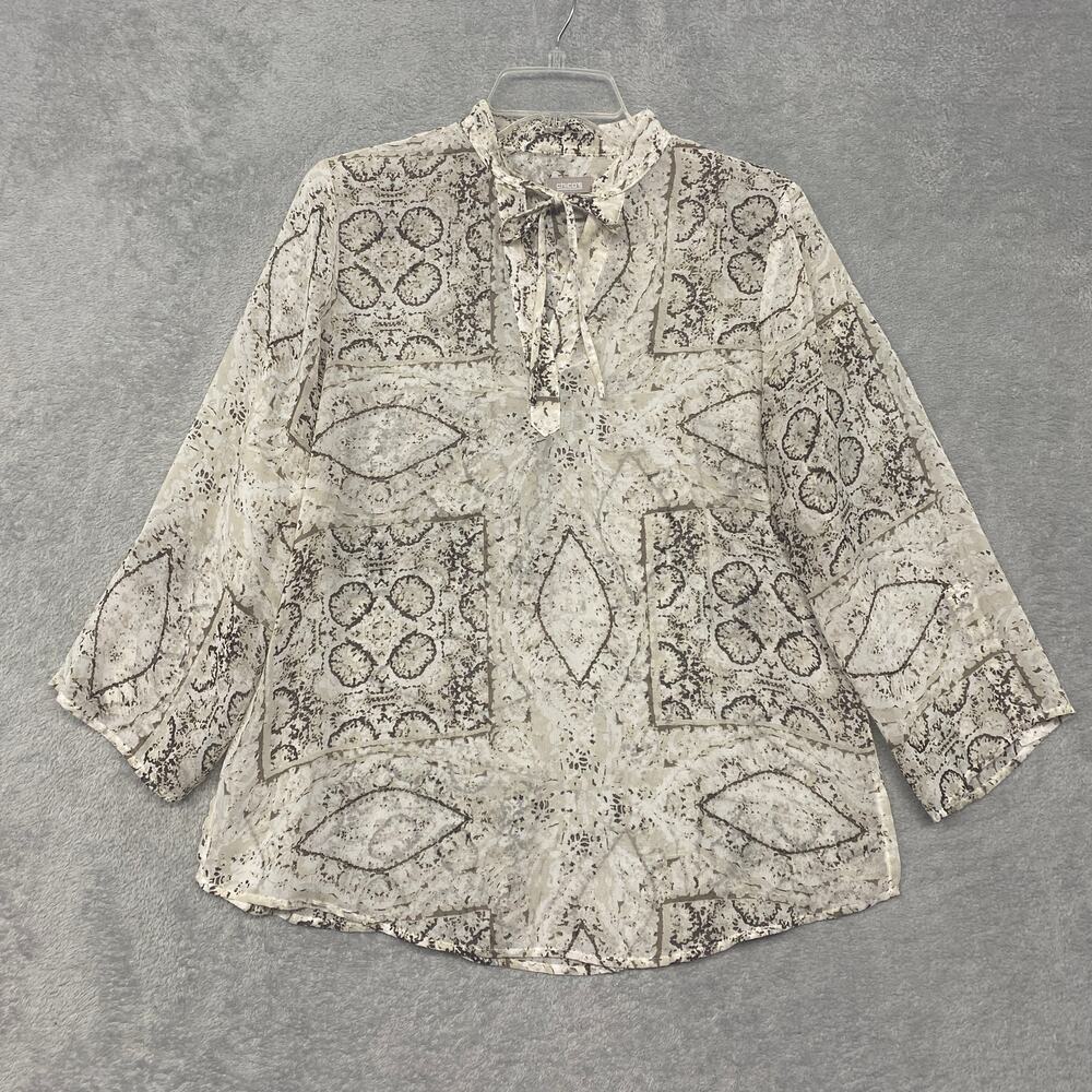 Chicos Top Womens Medium Beige Brown Sheer Flowy Popover Tie Neckline Shirt 1